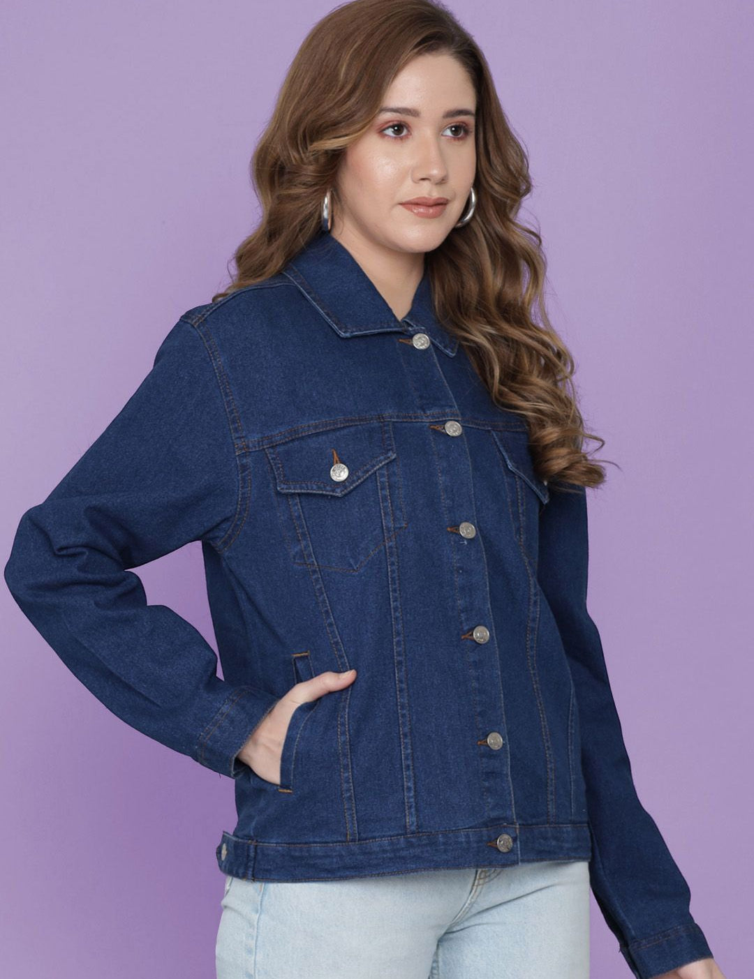 Kotty Women Spread Collar Solid Cotton Casual Denim Jacket