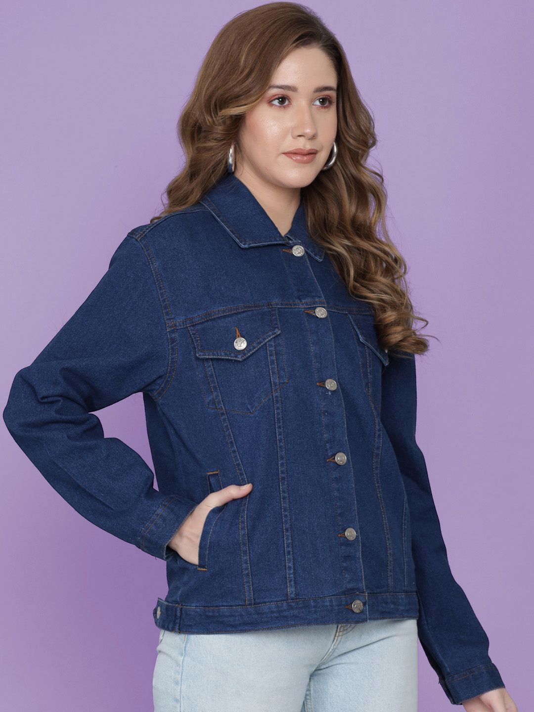 Kotty Women Spread Collar Solid Cotton Casual Denim Jacket