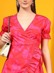 Kotty Women Abstract Printed Puff Sleeve Wrap Mini Dress