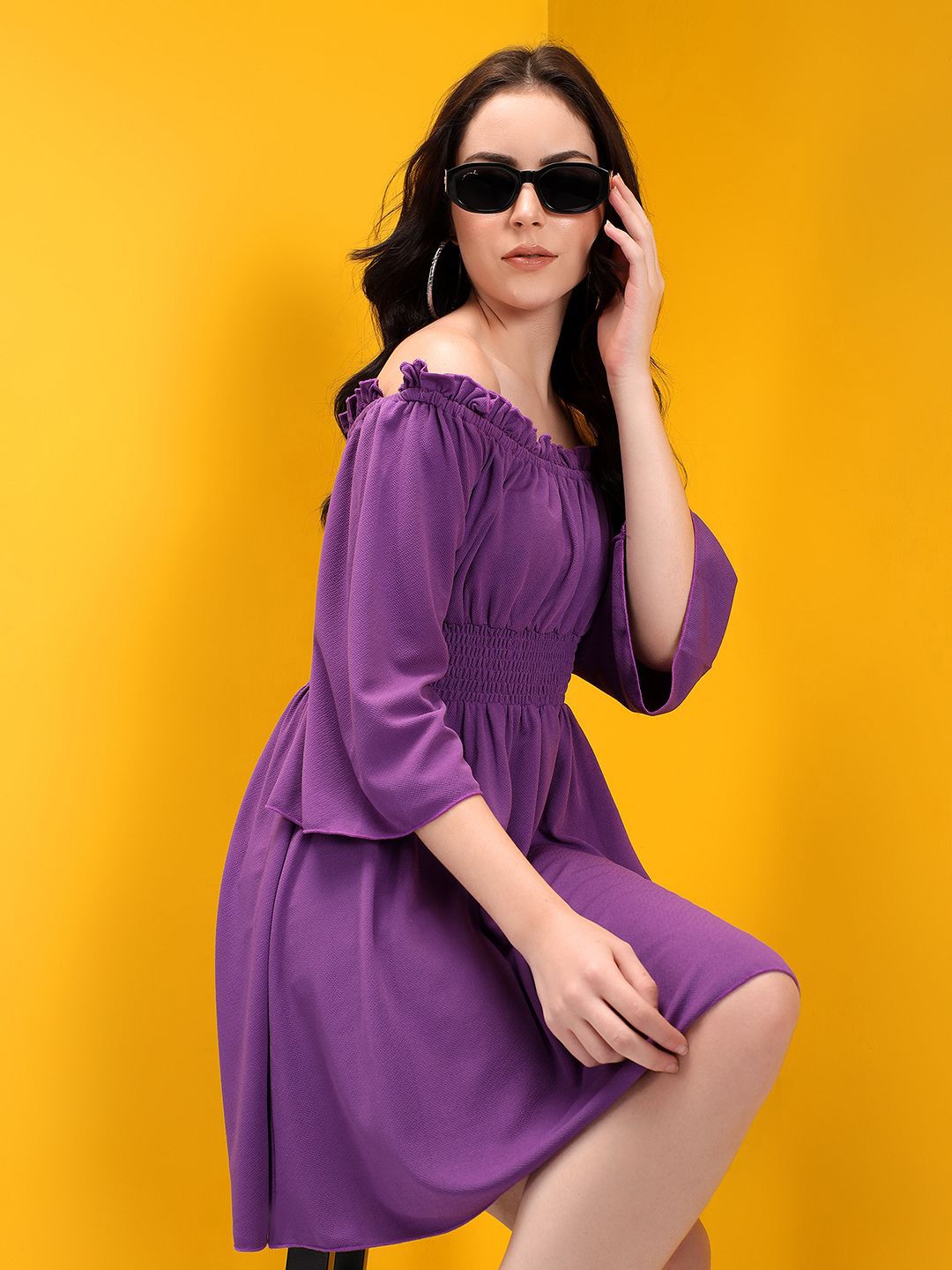 Kotty Women Off-Shoulder Flared Sleeve Fit & Flare Dress