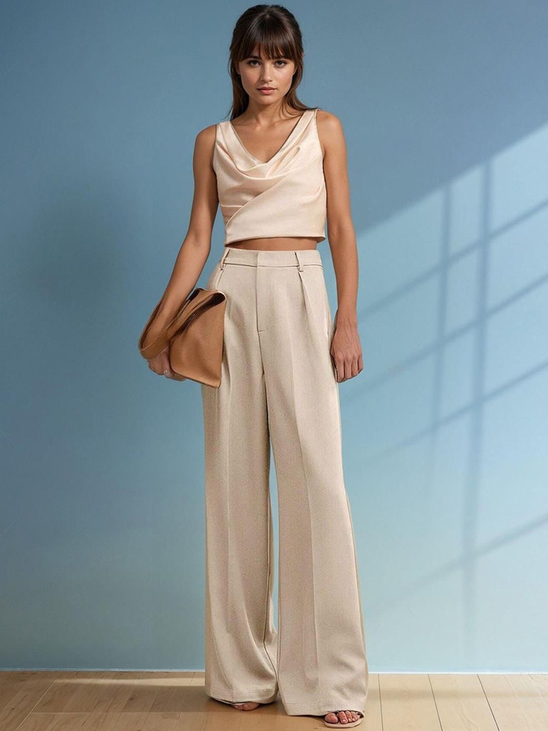 Kotty Women Cotton Straight Fit High-Rise Easy Wash Pleated Trousers