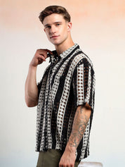 Kotty Men Vertical Stripes Self Design Cotton Sheer Casual Shirt