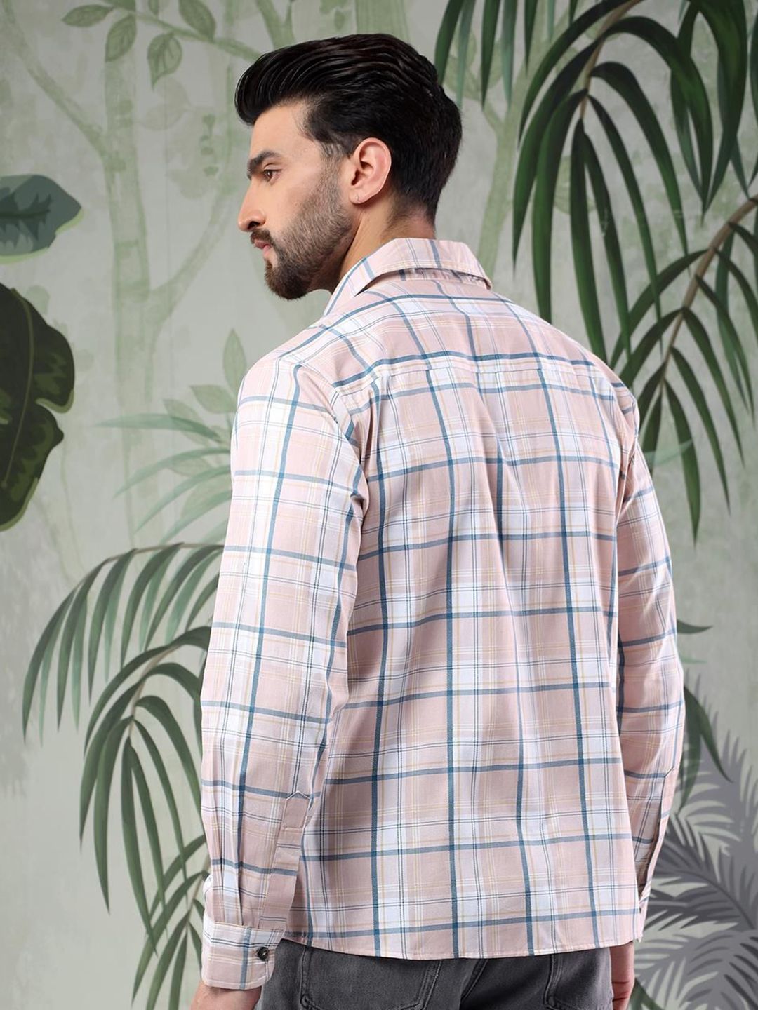 Kotty Men Spread Collar Tartan Checked Casual Shirt