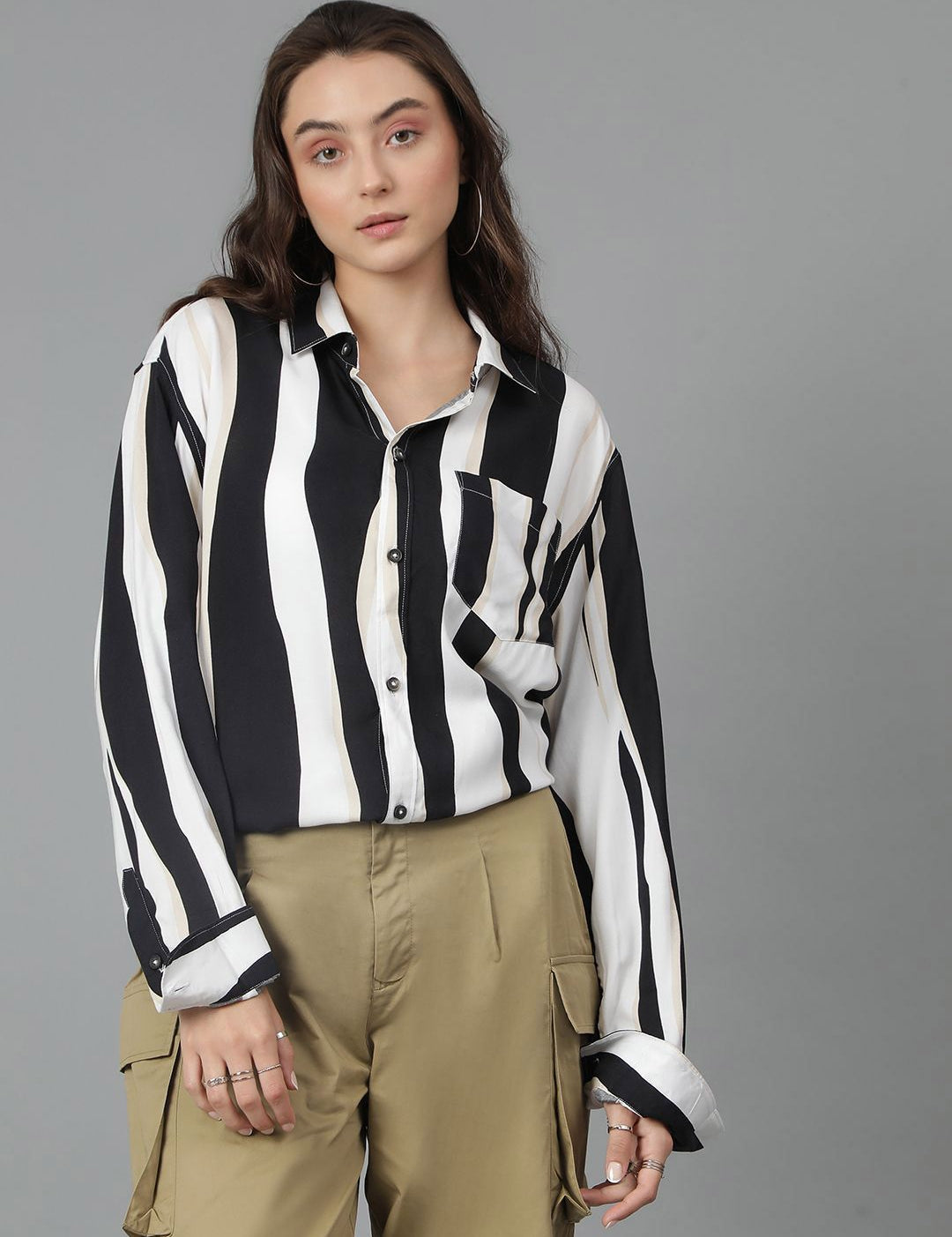 Kotty Women Spread Collar Striped Cotton Oversized Casual Shirt