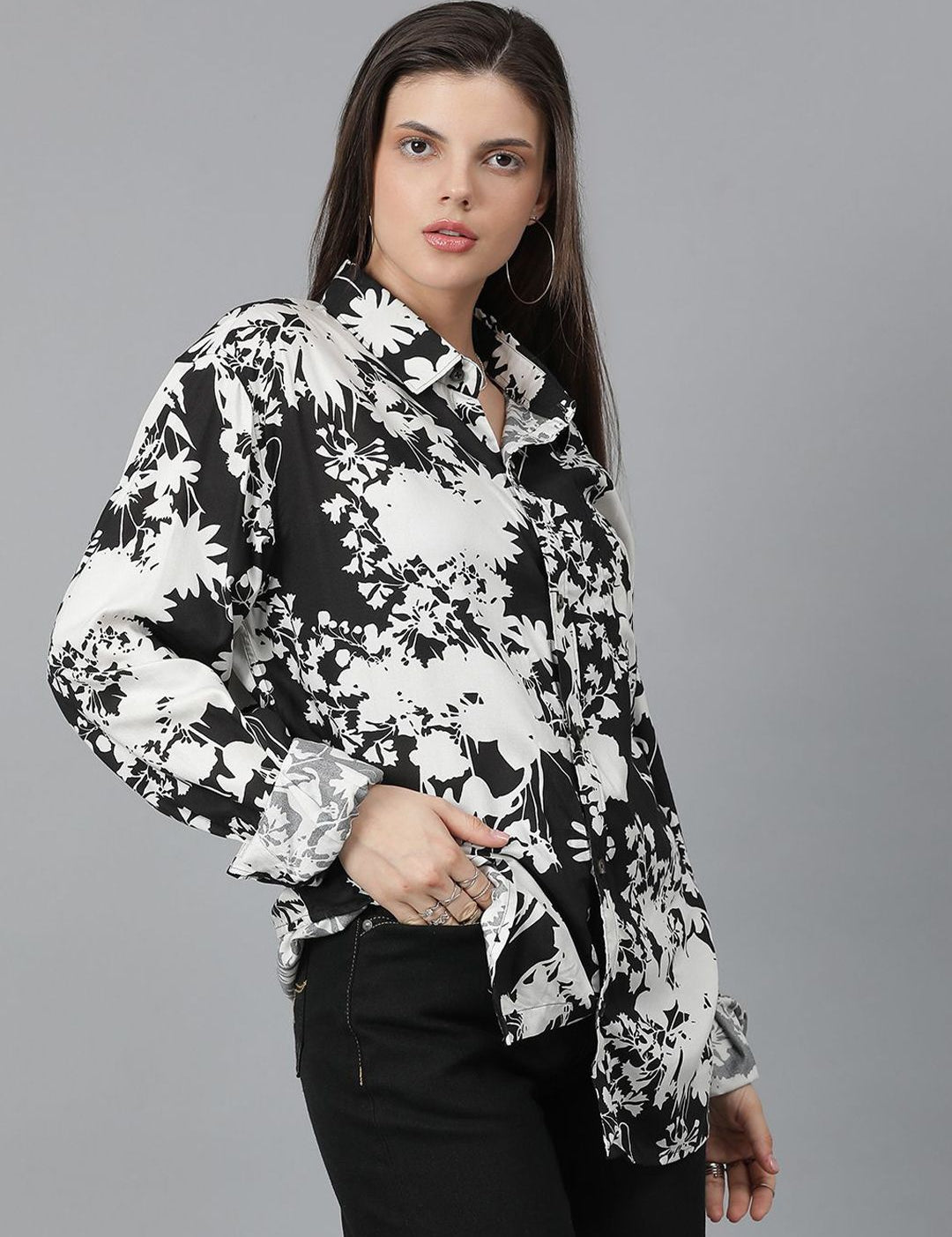 Kotty Women Spread Collar Floral Printed Cotton Oversized Casual Shirt