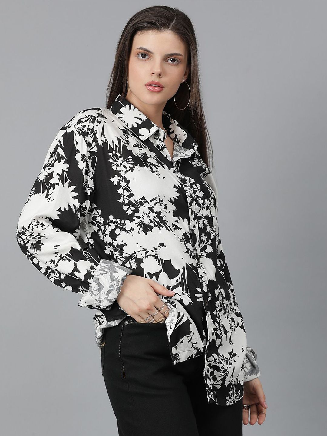 Kotty Women Spread Collar Floral Printed Cotton Oversized Casual Shirt