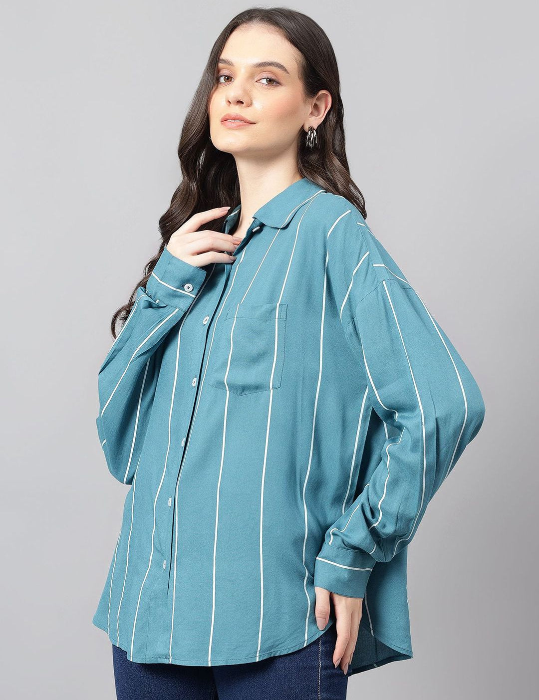 Kotty Women Comfort Spread Collar Vertical Striped Cotton Oversized Casual Shirt