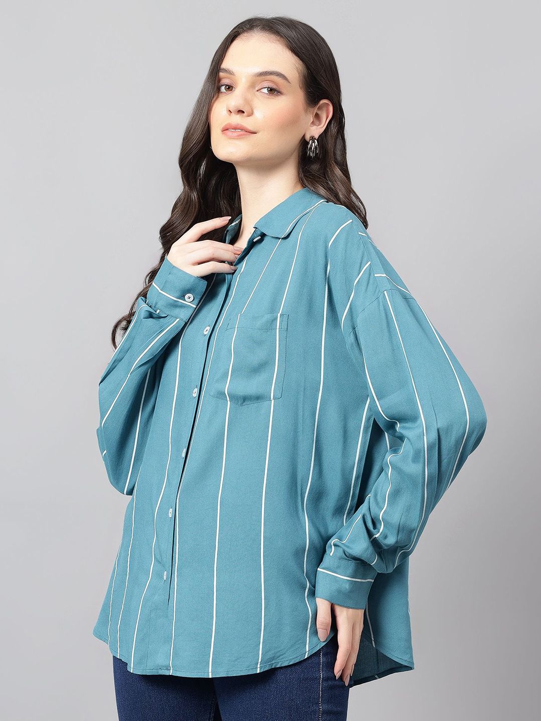 Kotty Women Comfort Spread Collar Vertical Striped Cotton Oversized Casual Shirt