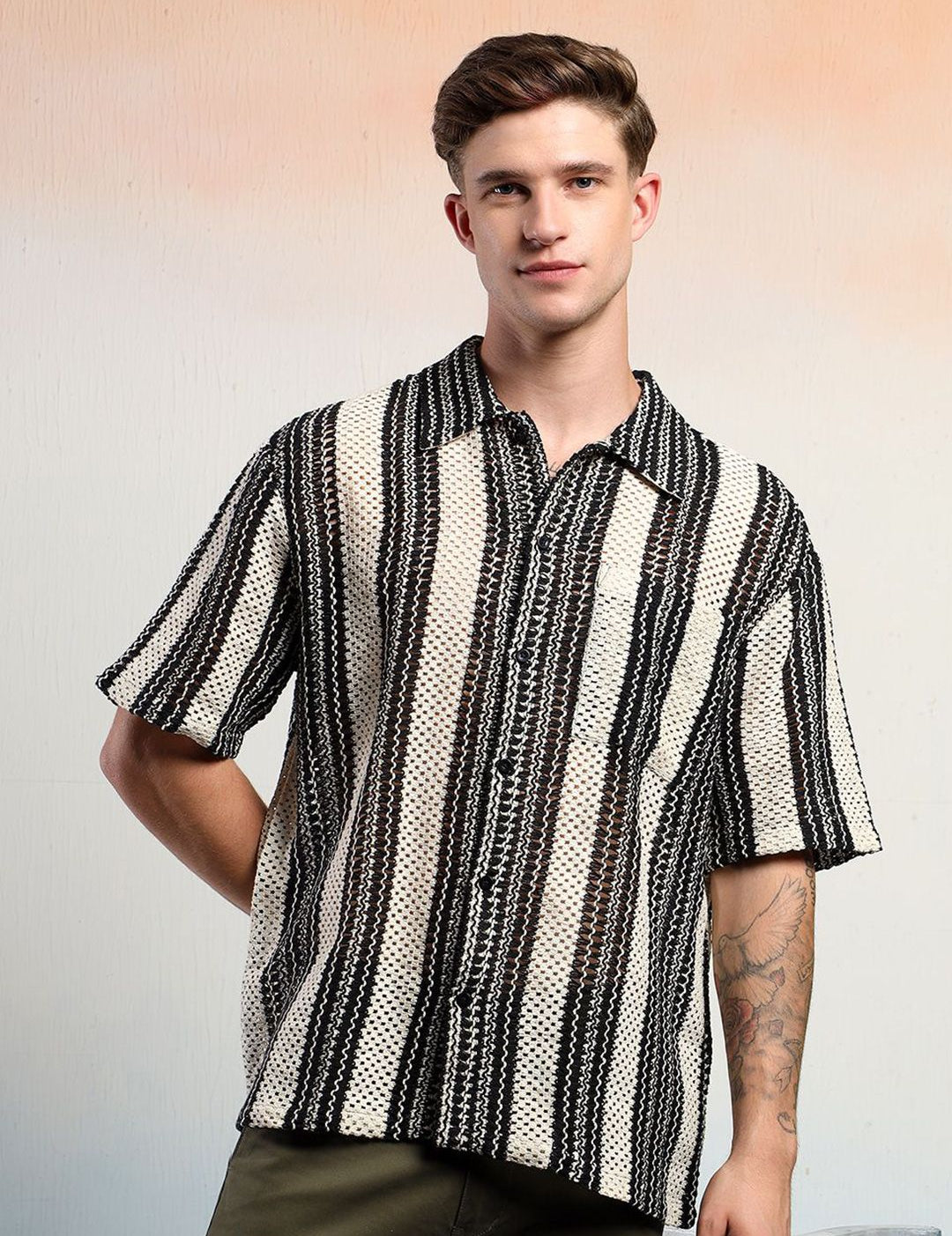 Kotty Men Vertical Stripes Self Design Cotton Sheer Casual Shirt