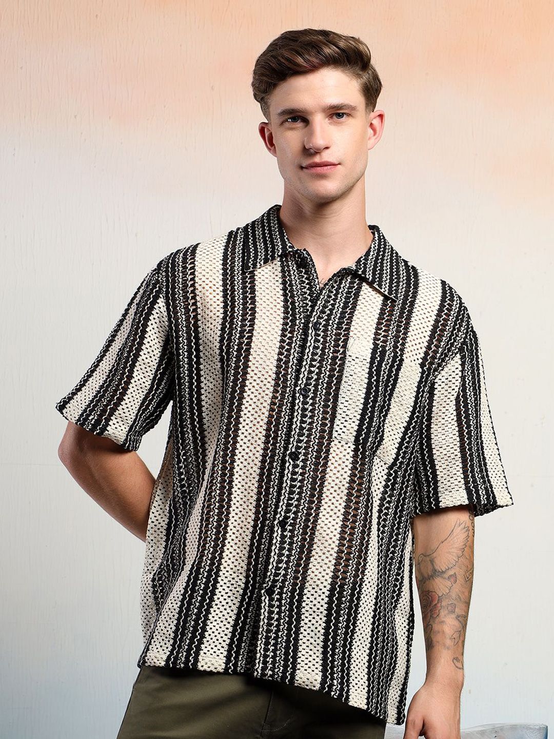 Kotty Men Vertical Stripes Self Design Cotton Sheer Casual Shirt