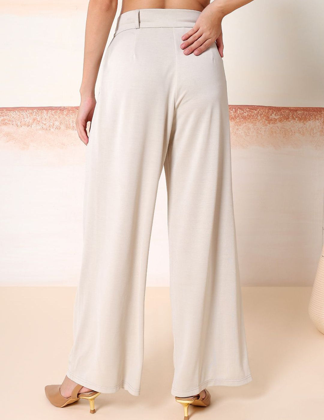 Kotty Women Solid Comfort Flared High-Rise Pleated Parallel Trousers