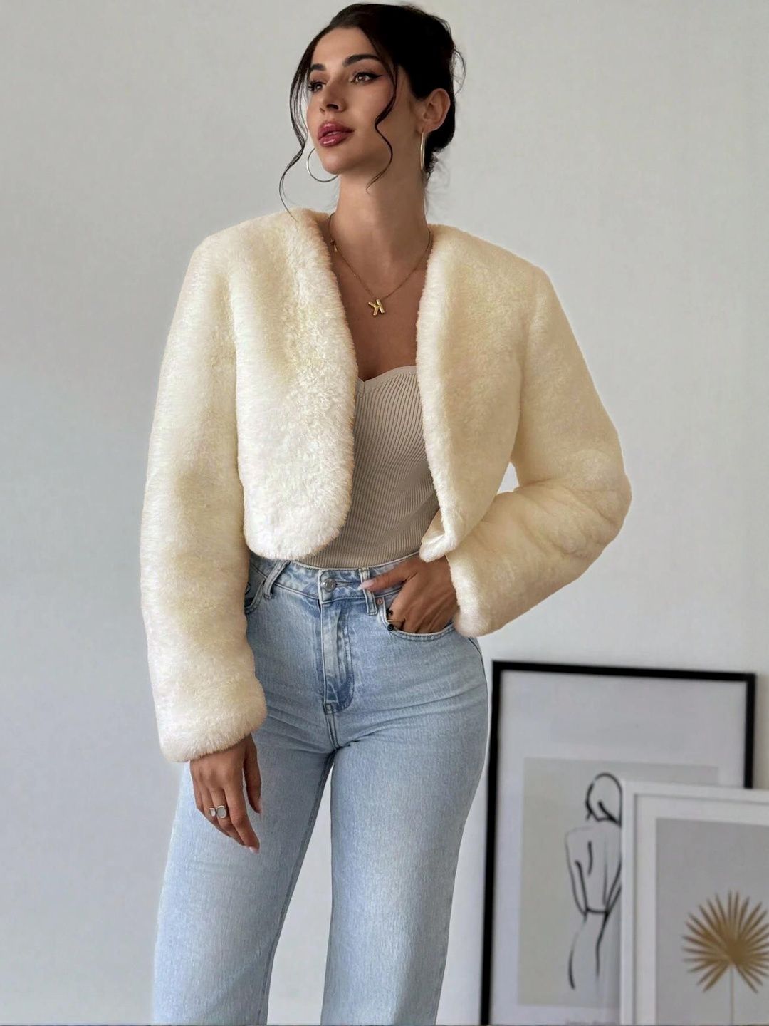 Kotty Women Woollen Crop Open Front Jacket