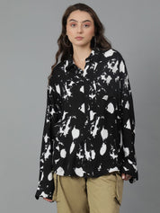 Kotty Women Spread Collar Abstract Printed Cotton Oversized Casual Shirt
