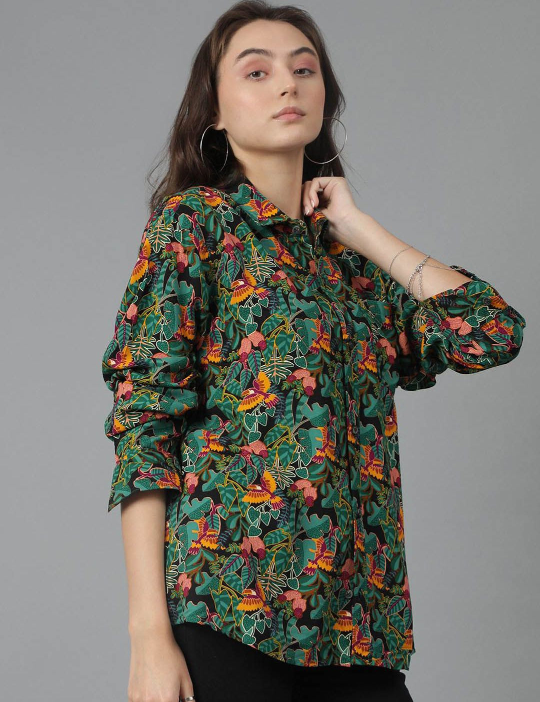Kotty Women Spread Collar Floral Printed Cotton Oversized Casual Shirt