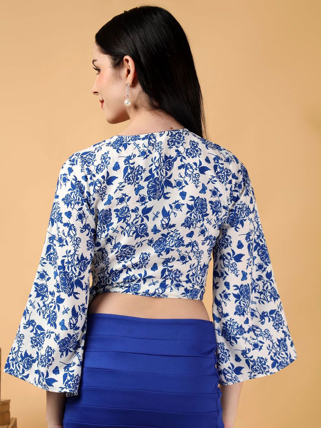 Kotty Floral Print Bell Sleeve Crepe Wrap Crop Top