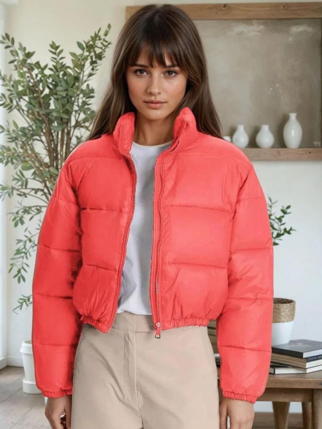 Kotty Women Stand Collar Solid Lightweight Puffer Jacket