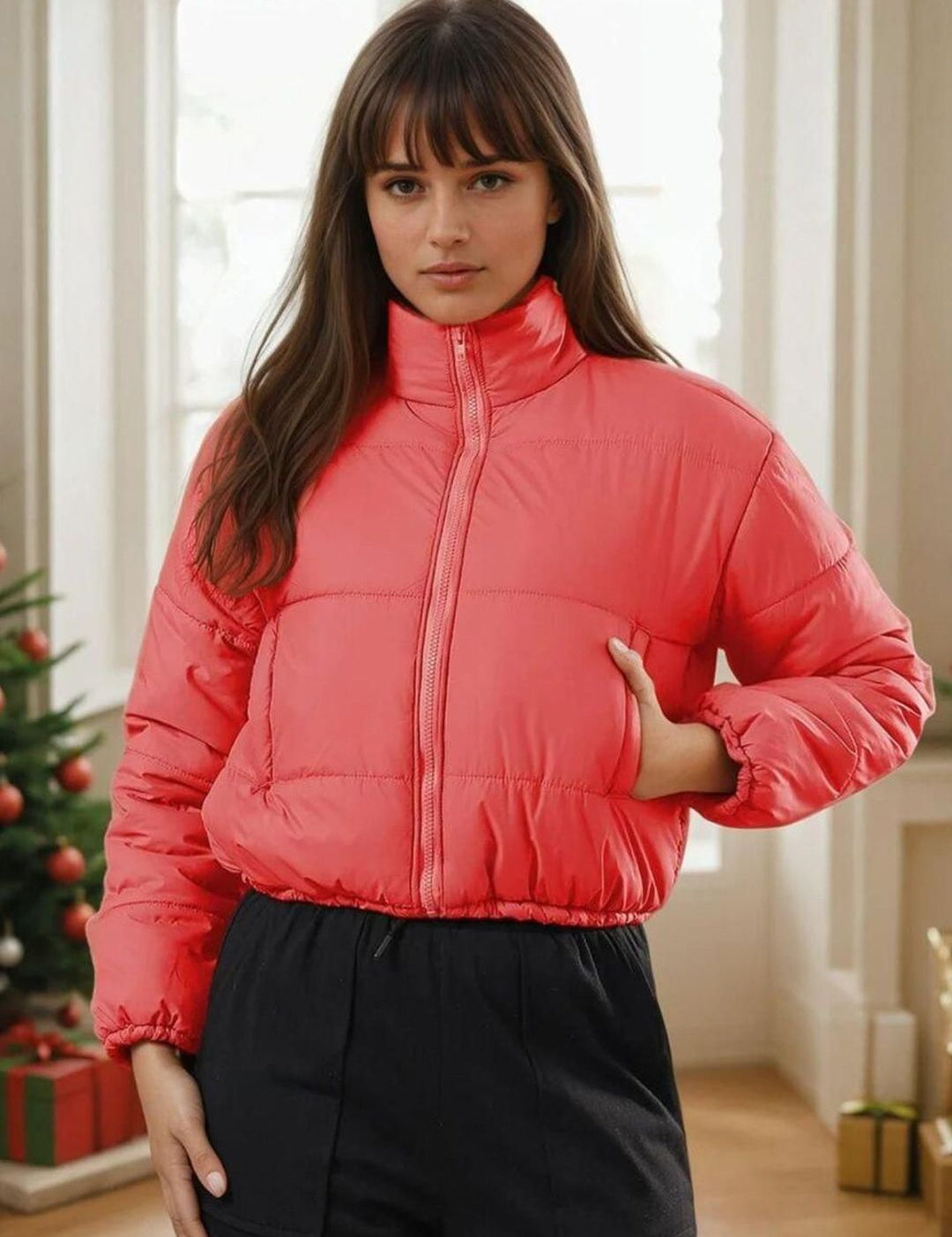Kotty Women Stand Collar Solid Lightweight Puffer Jacket