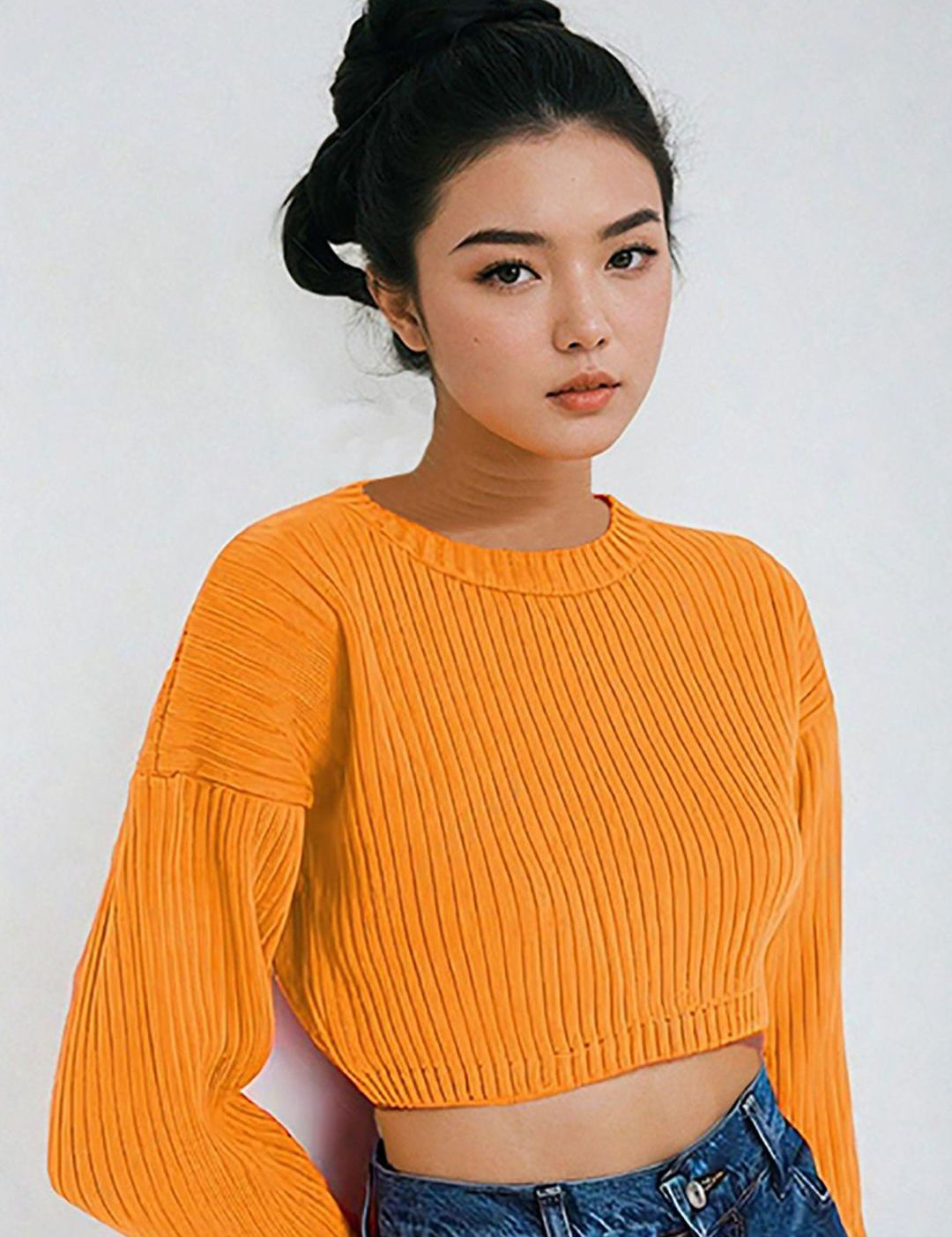 Kotty Women Solid Ribbed Crop Pullover Sweater