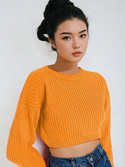 Kotty Women Solid Ribbed Crop Pullover Sweater