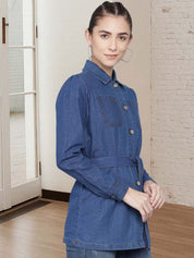 Kotty Women Spread Collar Solid Denim Jacket