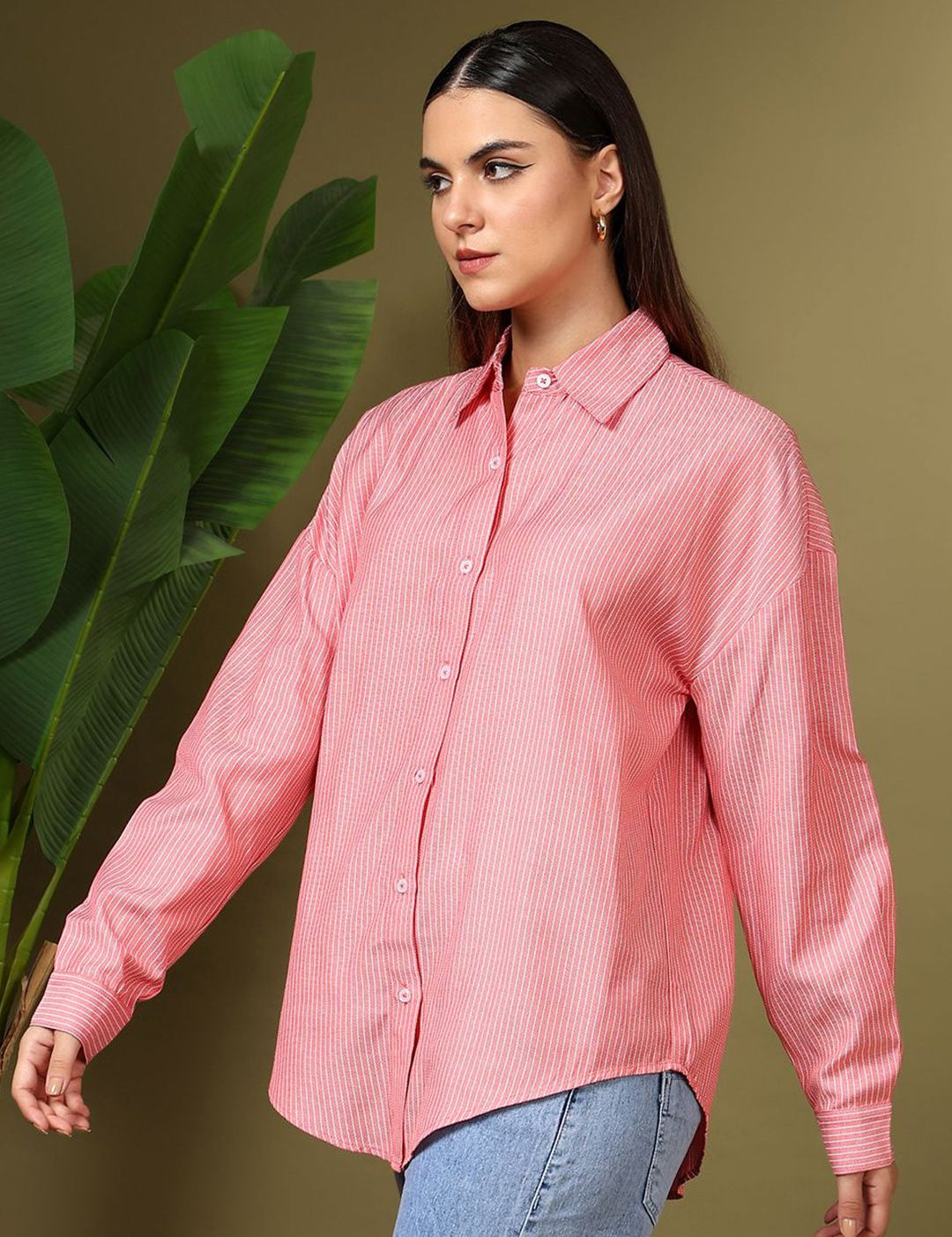 Kotty Women Relaxed Fit Spread Collar Vertical Striped Cotton Casual Shirt