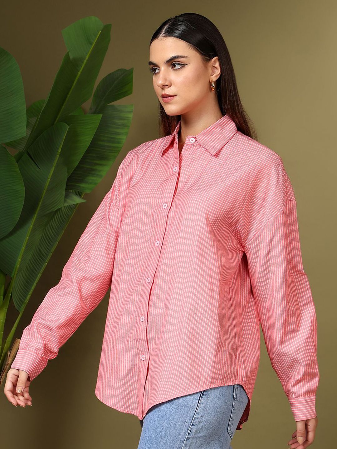 Kotty Women Relaxed Fit Spread Collar Vertical Striped Cotton Casual Shirt