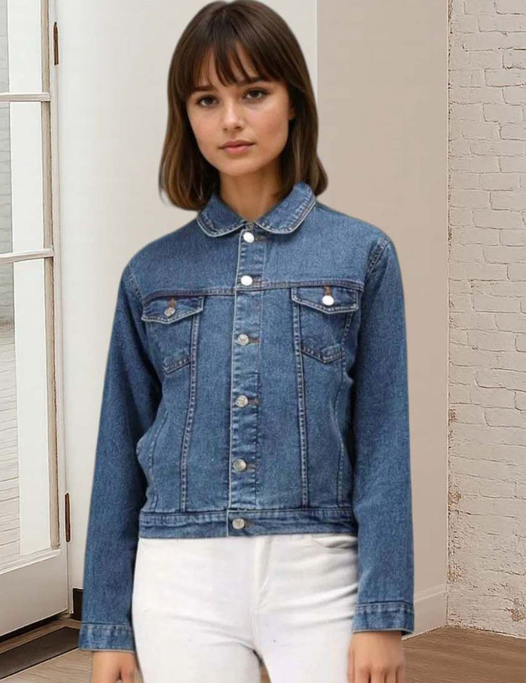 Kotty Women Spread Collar Solid Denim Jacket