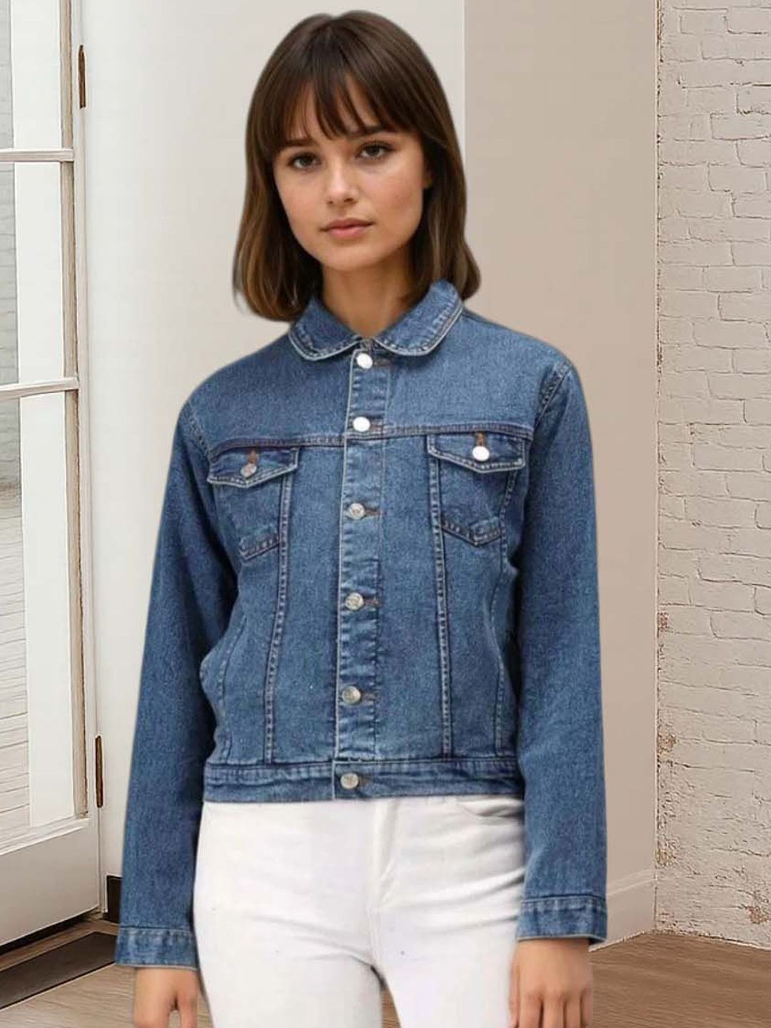 Kotty Women Spread Collar Solid Denim Jacket