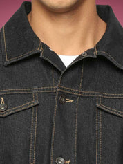 Kotty Men Spread Collar Solid Denim Jacket