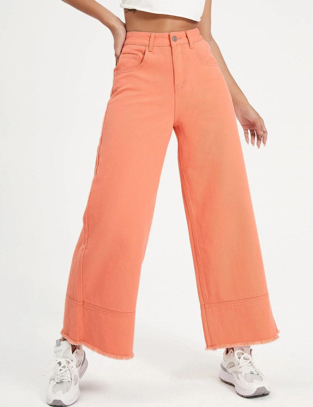 Kotty Women Clean Look Wide Leg High-Rise Frayed Denim Cotton Stretchable Jeans