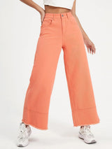 Kotty Women Clean Look Wide Leg High-Rise Frayed Denim Cotton Stretchable Jeans