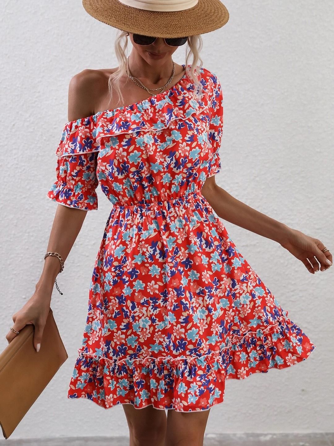 Kotty Floral Printed Flared One Shoulder Fit & Flare Dress
