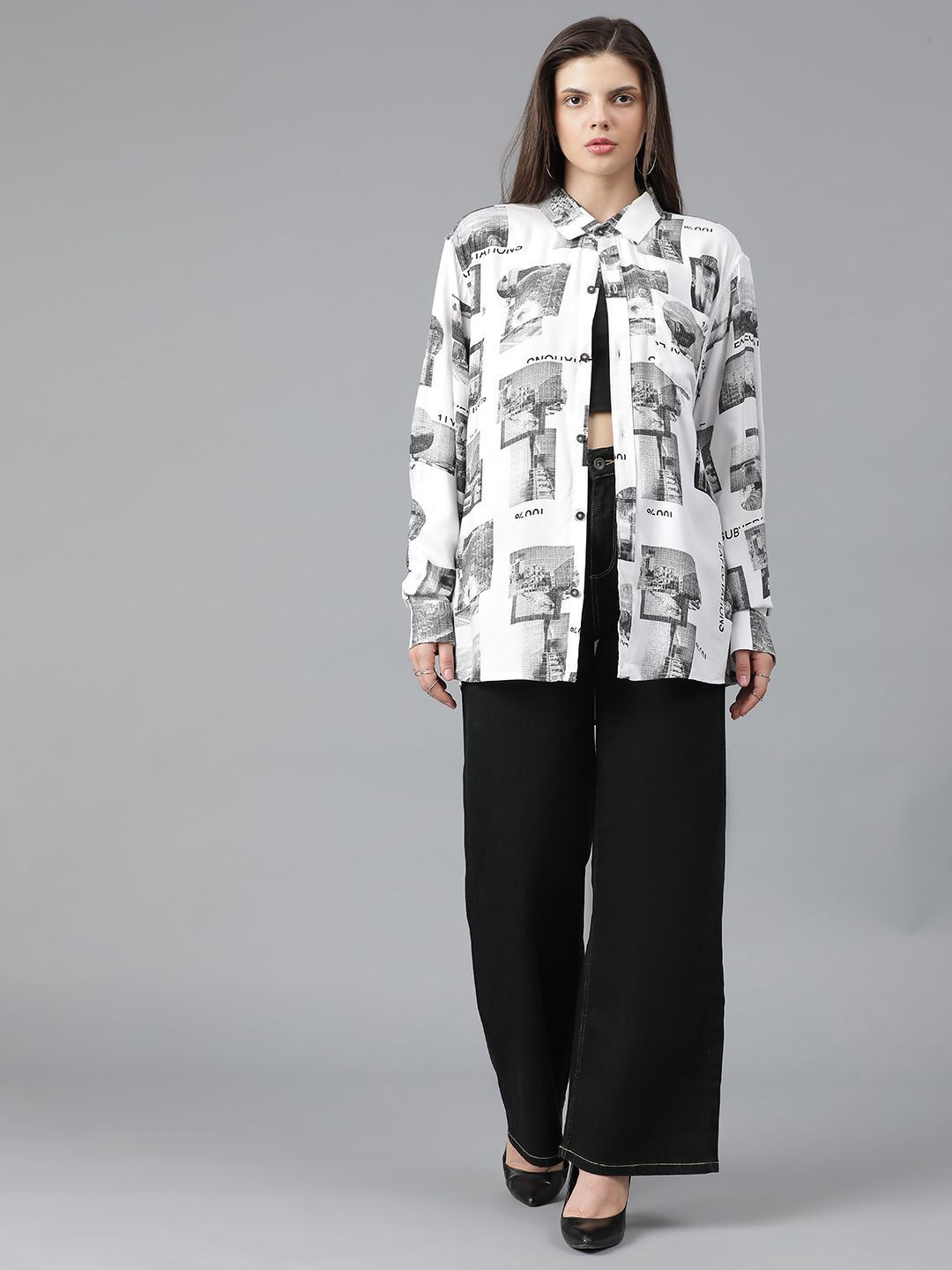 Kotty Women Spread Collar Conversational Printed Cotton Oversized Casual Shirt