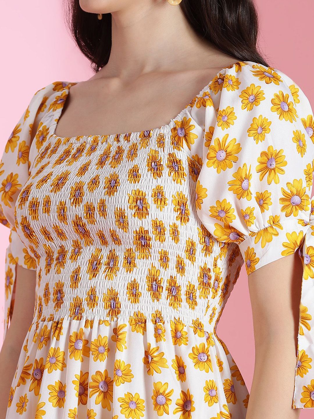 Kotty Floral Printed Puff Sleeve Fit & Flare Dress