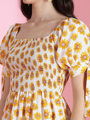 Kotty Floral Printed Puff Sleeve Fit & Flare Dress