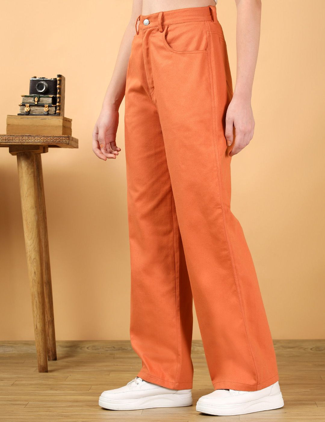 Kotty Women Solid Orange High-Waist Straight fit Easy Wash Trousers
