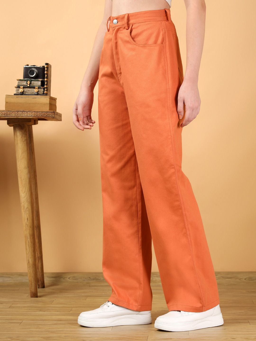Kotty Women Solid Orange High-Waist Straight fit Easy Wash Trousers