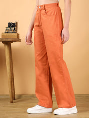 Kotty Women Solid Orange High-Waist Straight fit Easy Wash Trousers