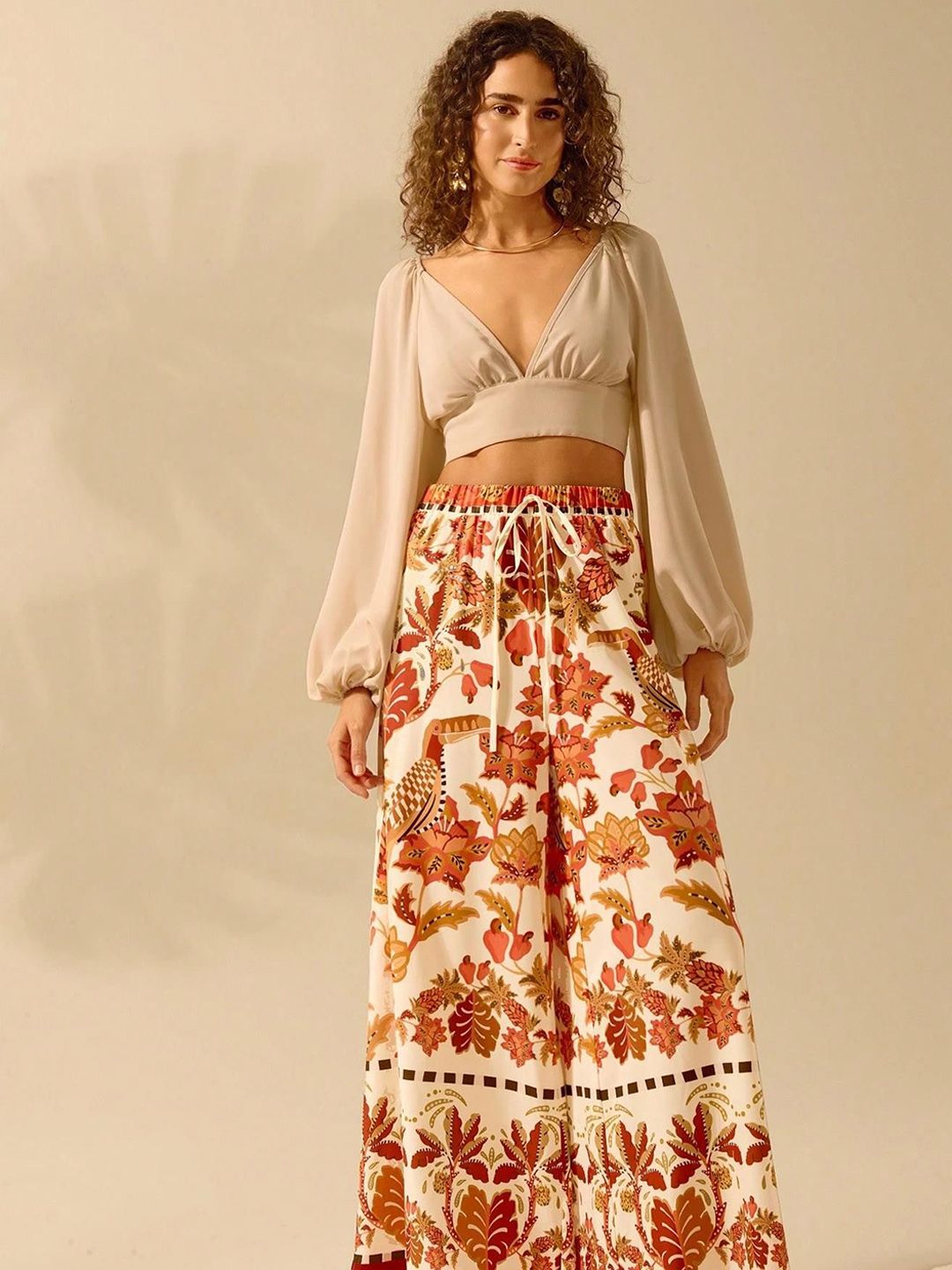 Kotty Women Floral Printed Flared High-Rise Trousers