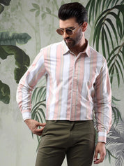 Kotty Men Spread Collar Vertical Striped Casual Shirt