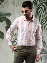 Kotty Men Spread Collar Vertical Striped Casual Shirt