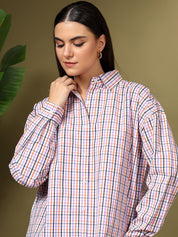Kotty Women Spread Collar Micro Checked Cotton Casual Oversized Shirt