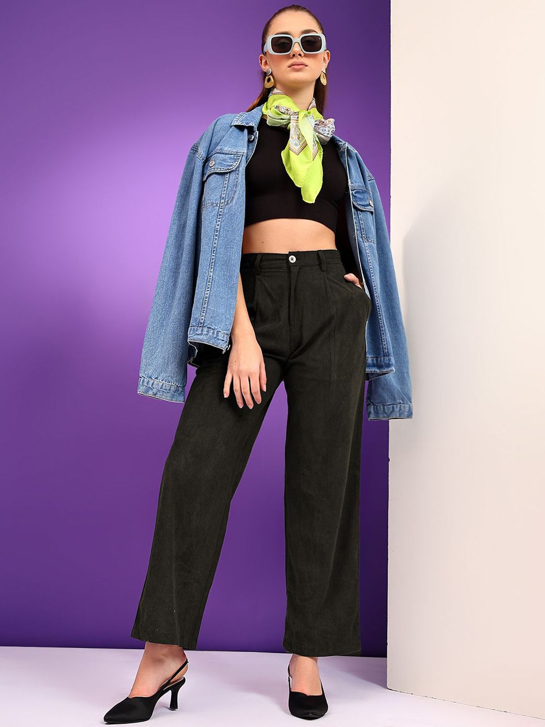 Kotty Women Loose Fit High-Rise Corduroy Pleated Trousers