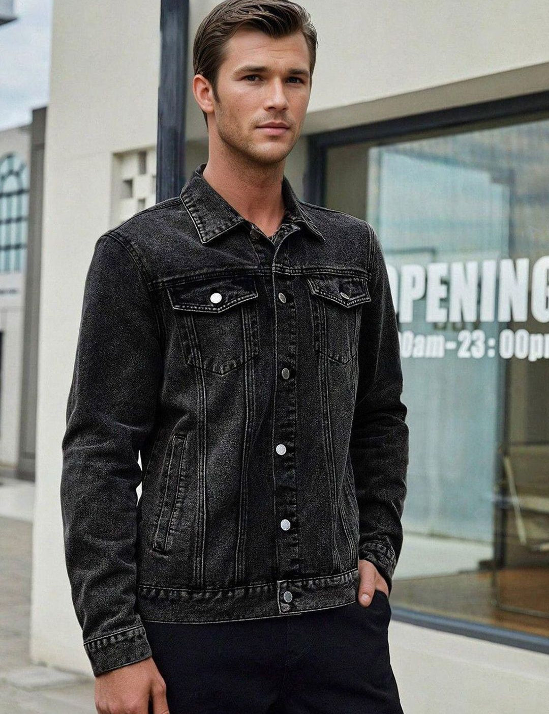 Kotty Men Solid Spread Collar Denim Jacket