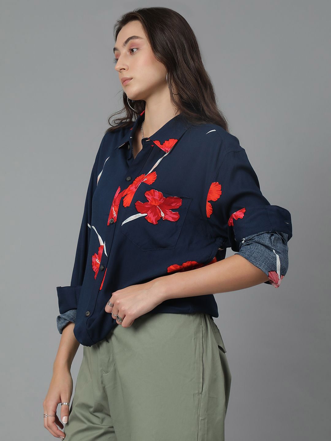 Kotty Women Spread Collar Floral Printed Cotton Oversized Casual Shirt