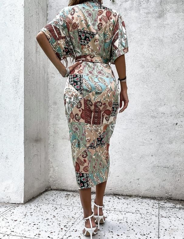 Kotty Women Floral Print Flutter Sleeve Satin Shirt Midi Dress