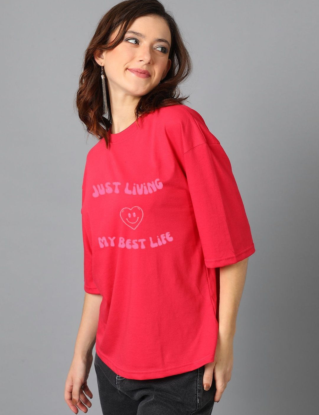 Kotty Cotton Typography Printed Drop-Shoulder Sleeves Oversized T-shirt