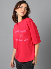 Kotty Cotton Typography Printed Drop-Shoulder Sleeves Oversized T-shirt