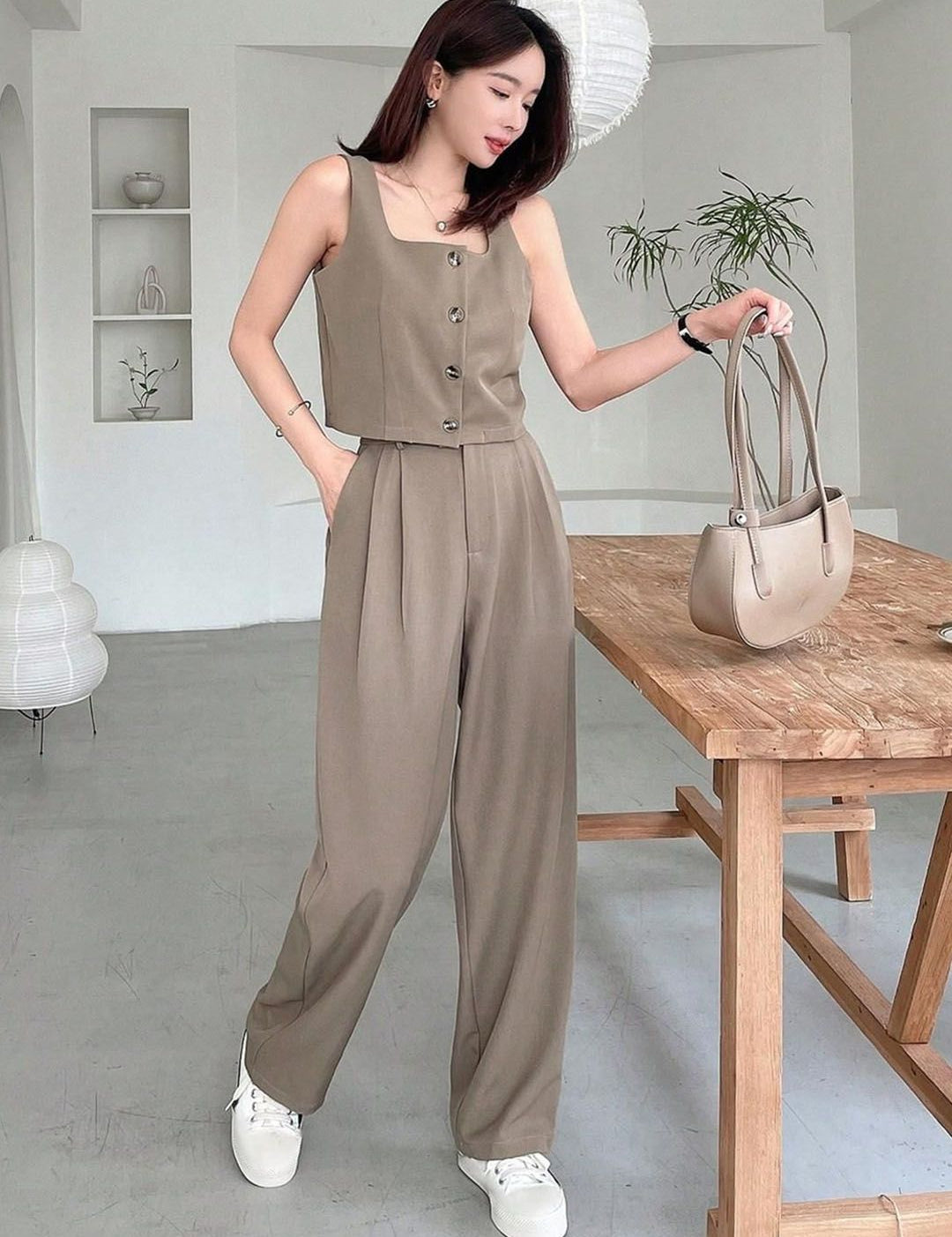 Kotty Brown Square Neck Sleeveless Top With Skirt 