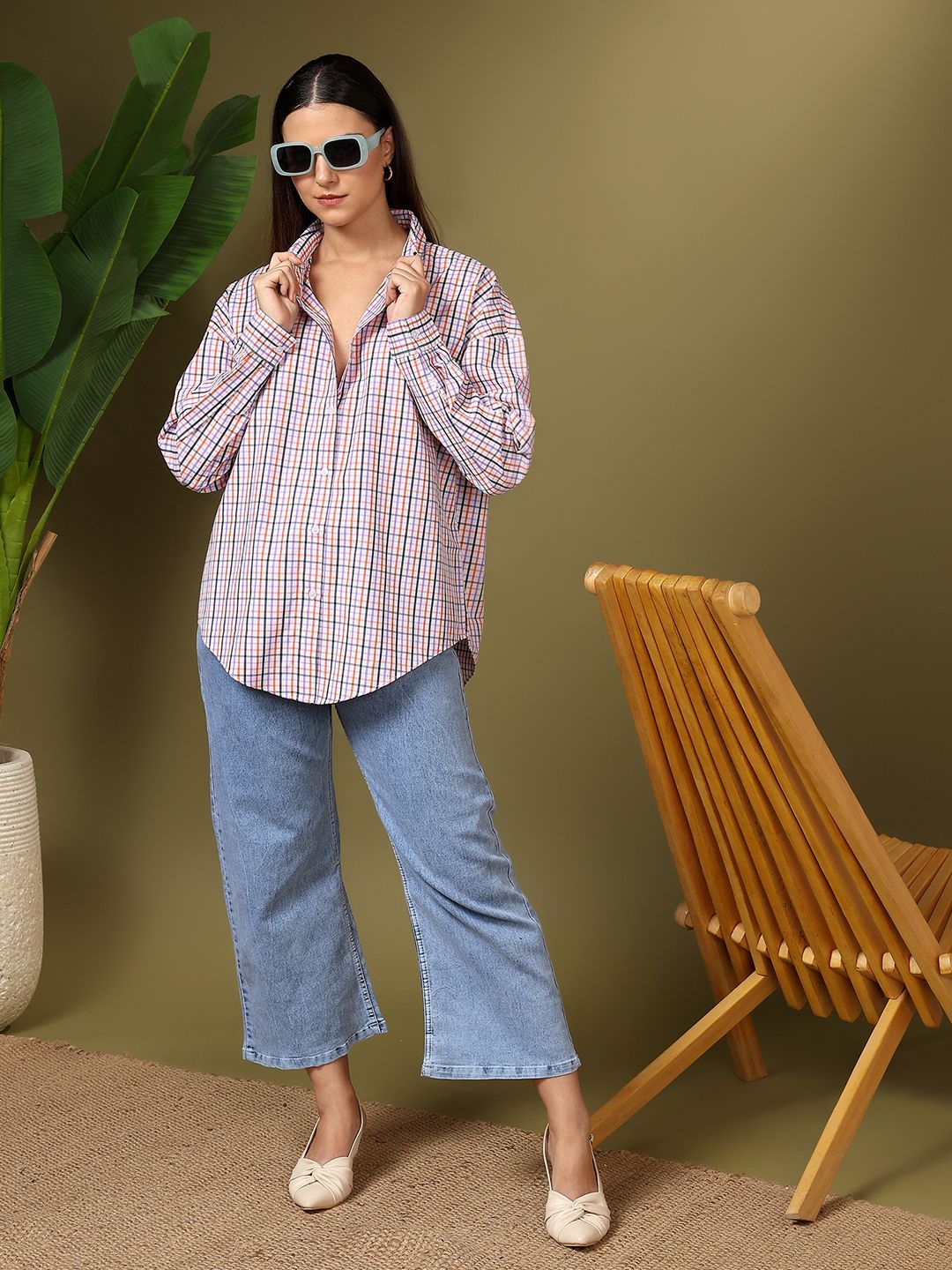 Kotty Women Spread Collar Micro Checked Cotton Casual Oversized Shirt